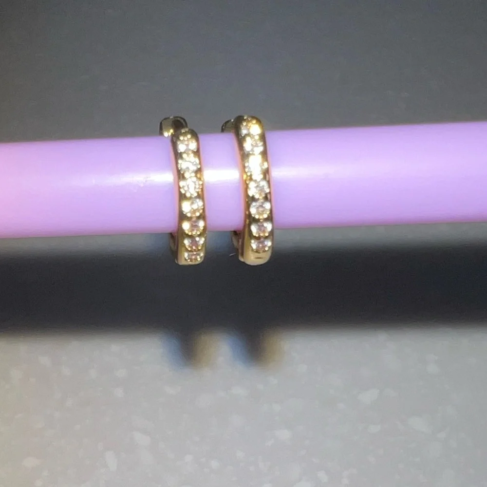 Sterling Silver Gold Pavé Huggie Earrings - Picture 2 of 4
